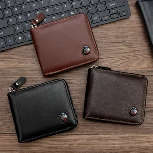 Detailed view of three stylish men's zippered wallets in black and brown brushed leather texture.
