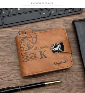 Close-up of vintage brown men's wallet with unique metal lock and printed details