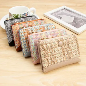 Set of colorful woven leather short wallets for women with zipper and snap button