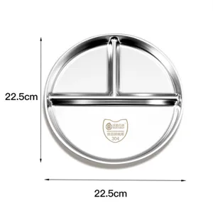 plaque de division à 3 compartiments en acier inoxydable 304 plat de service rond pour repas