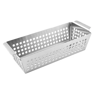Rectangular stainless steel grill basket with perforated design and handles, main view.