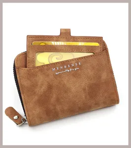 Close-up of brown frosted men's wallet showing pull-out card slot detail