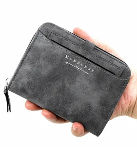 Close-up of the matte grey men's short wallet showing premium frosted texture and logo