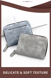 Detailed view of frosted suede men's wallets in grey and blue with external card slots