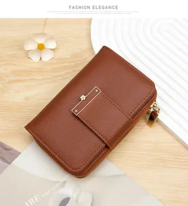 Elegant brown women's short wallet featuring lychee grain texture and gold floral buckle