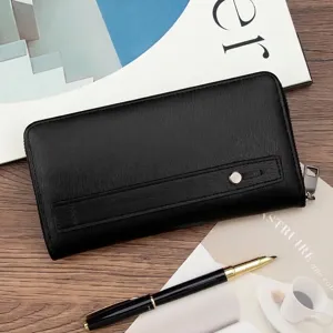 Professional men's long wallet in brushed black leather with a functional wrist strap.