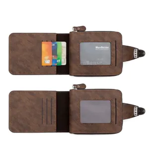 Petit portefeuille en cuir marron vintage pour homme avec fermeture éclair et boucle métal