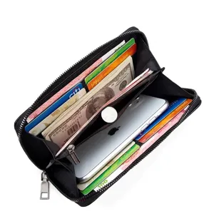 Large capacity men's black brushed leather long zipper wallet and clutch phone bag