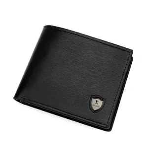 Elegant black textured PU leather men's short trifold wallet with metal shield logo