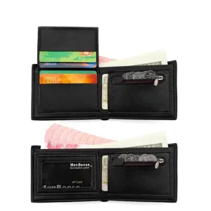 Vintage black leather bifold wallet for men with multi-card slots and coin pocket