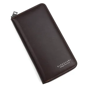 Professional dark brown brushed leather long wallet for men with secure zipper closure
