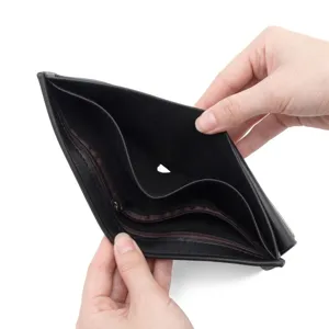 Vintage black leather men's short wallet with multiple card slots and a zipper coin pocket.