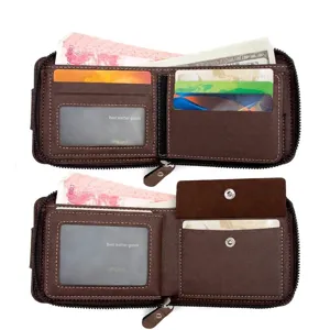 Portefeuille classique pour homme en similicuir marron, pliable avec fermeture éclair