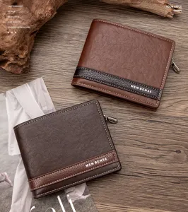 Dettaglio dei portafogli corti Men Bense patchwork nei toni marrone e caffè