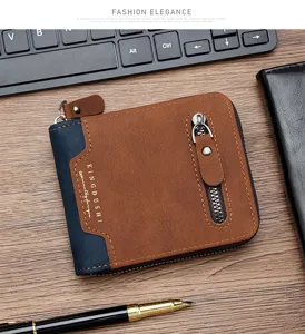 Dettaglio del portafoglio da uomo marrone e blu con zip e design a grande capacità