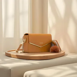 Women Crossbody Bag PU Leather Satchel Handbag With Accordion Card Holder Plush Ball Versatile Shoulder Bag For Daily Commuting