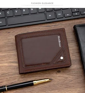 Detailed view of premium MenBense brown embossed leather bifold wallet with card slots