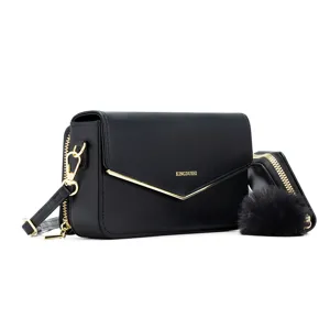 Elegant black faux leather crossbody bag and matching coin purse set with gold metal accents