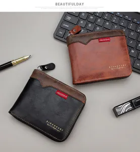 Detailansicht der Retro-Patchwork-Herrengeldbörsen mit Reißverschluss in Braun und Schwarz.