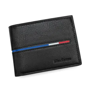 Premium retro zwarte leren korte heren portemonnee met driekleurige streepversiering