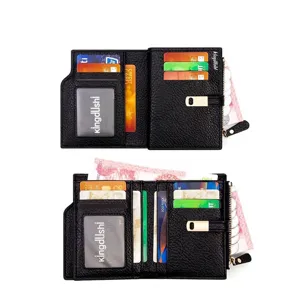 Women's black pebble grain short wallet with multiple card slots and zipper coin pocket