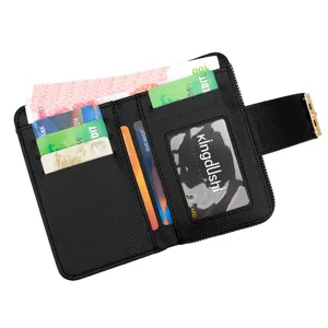 Women's black litchi grain short wallet featuring multiple card slots and zipper closure