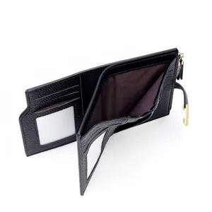 Elegant black lychee grain leather women's short wallet with multi-card slots and zipper
