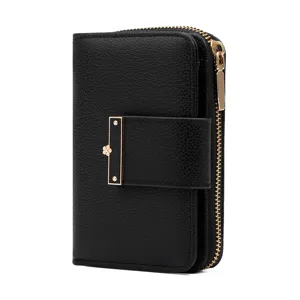 Elegant black litchi pattern women's short wallet with gold zipper and flower clasp