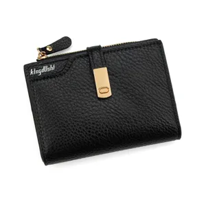Classic black pebble grain leather women's short wallet with gold buckle closure