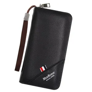Detailed view of a black men's long leather wallet featuring a zipper and wrist strap