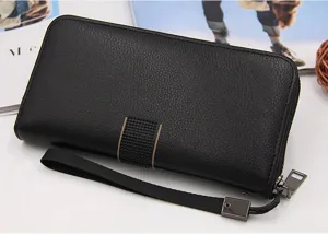 Close-up of black men's long clutch wallet with textured leather and wrist strap