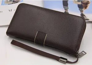 Detailed view of a brown pebbled leather men's long wallet with a functional hand strap