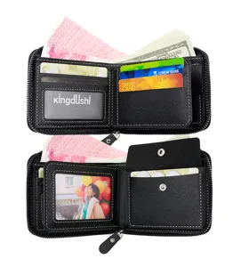 Detailed interior view of a black men's zipper wallet with card slots and cash