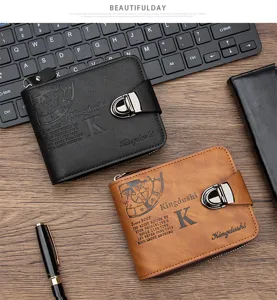 Top view of two men's short leather wallets in black and brown with metal buckle lock.