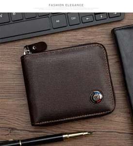 Close-up of brown men's short zipper wallet with brushed leather texture and logo