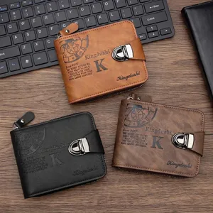 Vintage embossed leather men's short wallet with secure metallic buckle and chain closure