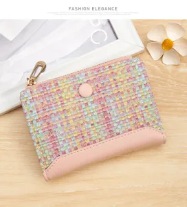 Short colorful woven leather wallet for women with zipper and snap button detail