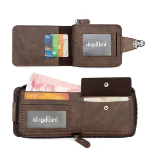 Men's brown faux leather tri-fold short wallet with zipper coin pocket and card slots
