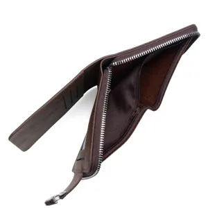 Elegant brown men's tri-fold short wallet with zipper coin pocket and secure metal clasp