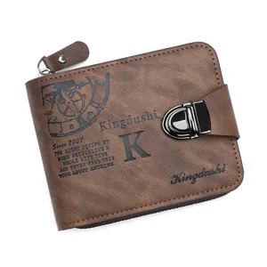 Vintage brown leather-style men's short wallet with secure lock and artistic print