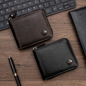Men Brushed Texture PU Leather Short Trifold Wallet With Zip Card Holder Trendy Business Wallet With Metal Logo For Daily Men