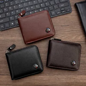 Stylish men's short zipper wallets with brushed leather texture in brown and black