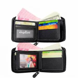 Men's black zip-around trifold leather wallet with multi-card slots and coin pocket