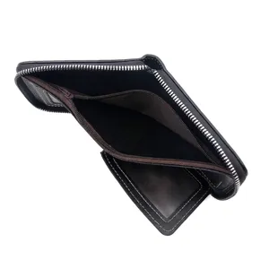 Premium black brushed leather men's trifold zipper wallet featuring multiple card slots