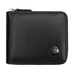 Classic men's black bifold wallet featuring brushed leather texture and secure zipper closure