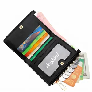 Korean style black leather short wallet with zipper coin pocket and card slots