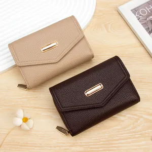 Cartera Corta de Mujer de Cuero PU con Grano de Lichi con Hebilla de Cremallera Ranura para Tarjetas Múltiples Monedero Pequeño Elegante