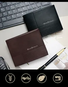 Close-up of MenBense minimalist business short wallets in black and brown leather texture.