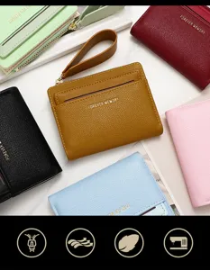 Vista detallada de carteras cortas con cremallera para mujer con correas e iconos de funciones
