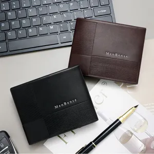 Detailed view of MenBense business wallets in black and brown with sleek line patterns
